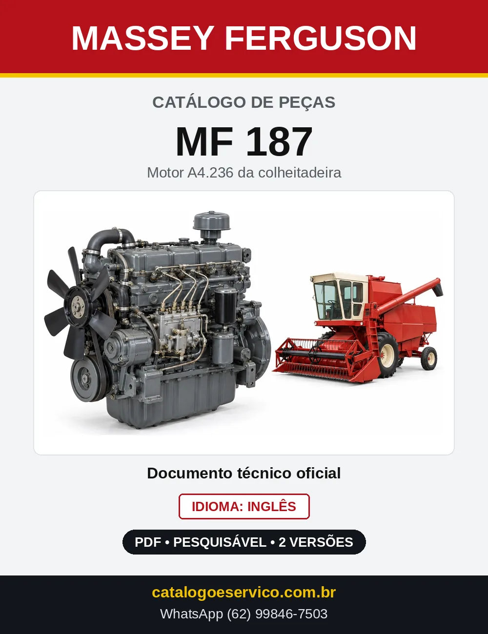 Capa do Catálogo de Peças Massey Ferguson MF 187 — Motor A4.236 da colheitadeira