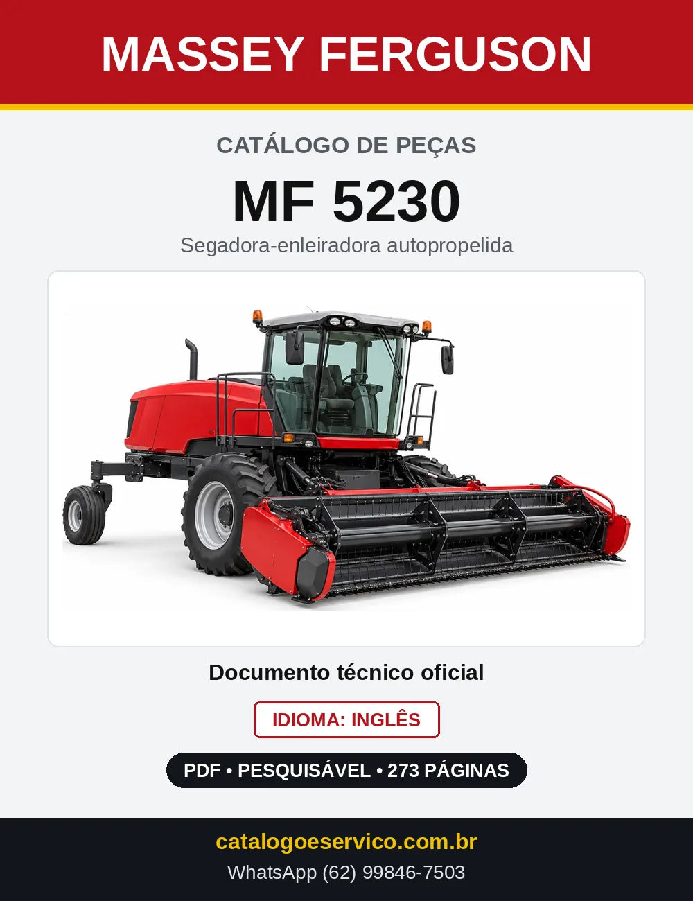 Capa do Catálogo de Peças Massey Ferguson MF 5230 — Segadora-enleiradora autopropelida