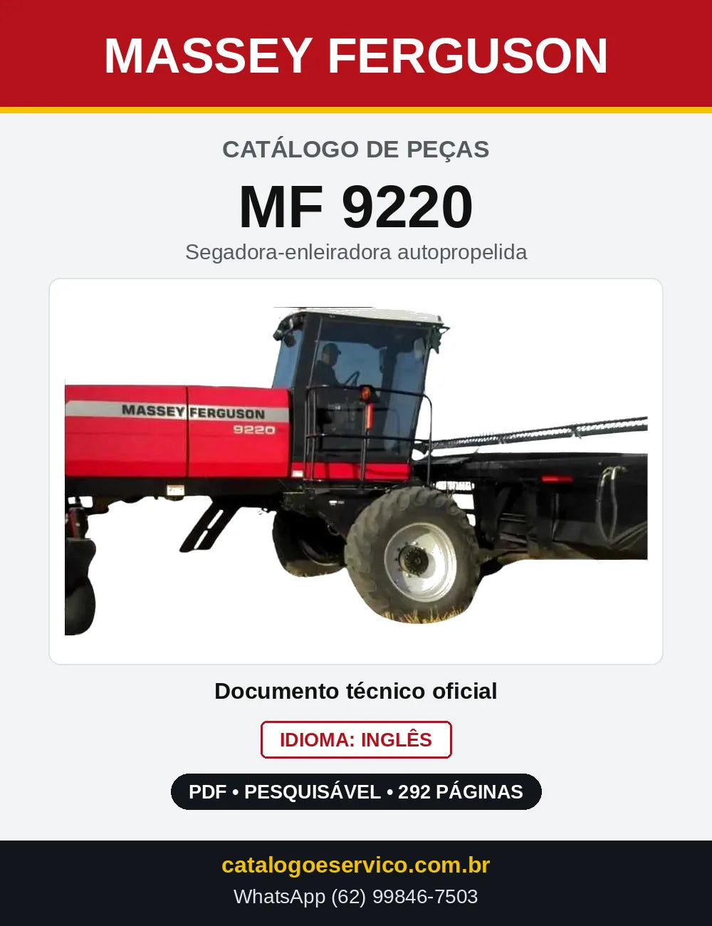 Capa do Catálogo de Peças Massey Ferguson MF 9220 — Segadora-enleiradora autopropelida