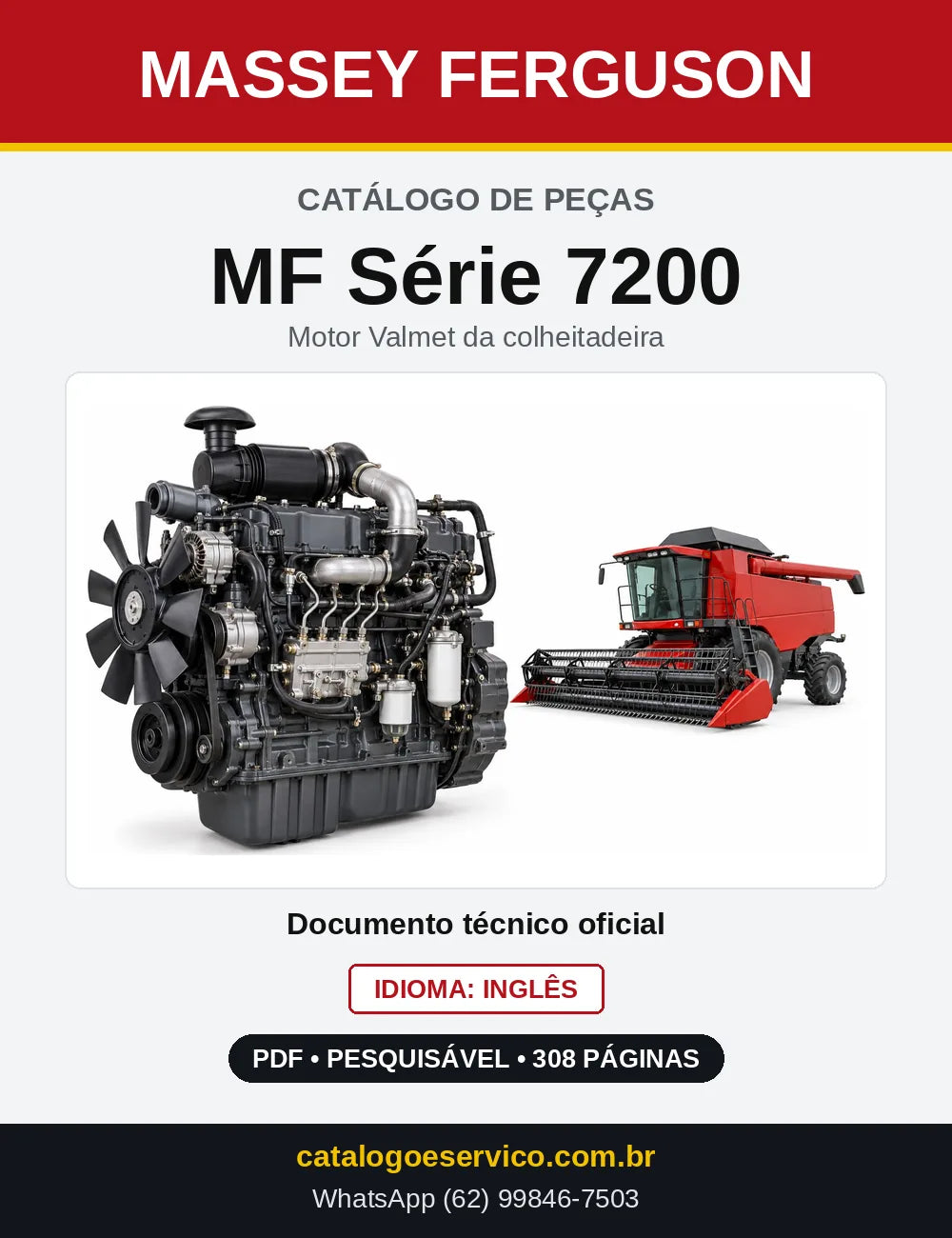 Capa do Catálogo de Peças Massey Ferguson MF Série 7200 — Motor Valmet da colheitadeira