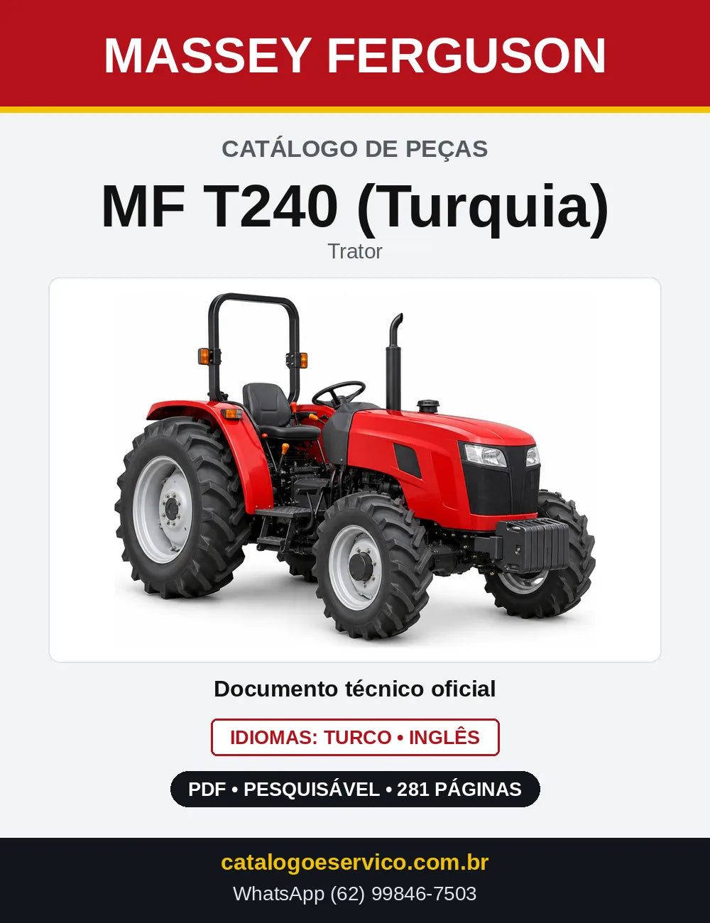 Capa do Catálogo de Peças Massey Ferguson MF T240 (Turquia) — Trator