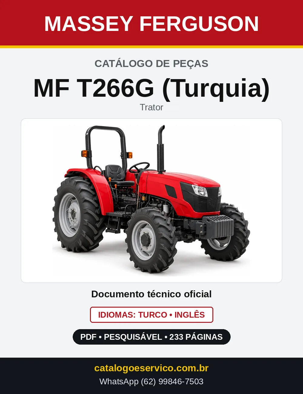 Capa do Catálogo de Peças Massey Ferguson MF T266G (Turquia) — Trator