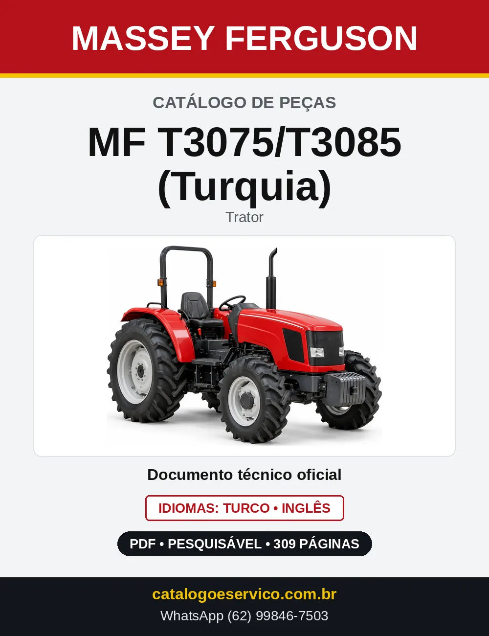 Capa do Catálogo de Peças Massey Ferguson MF T3075/T3085 (Turquia) — Trator