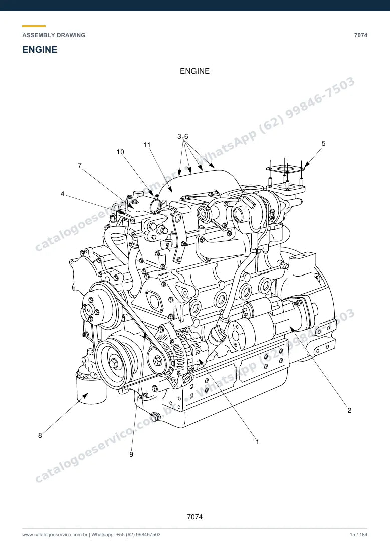 Catálogo de peças Hyundai HSL1500T: desenho de montagem — motor e componentes internos