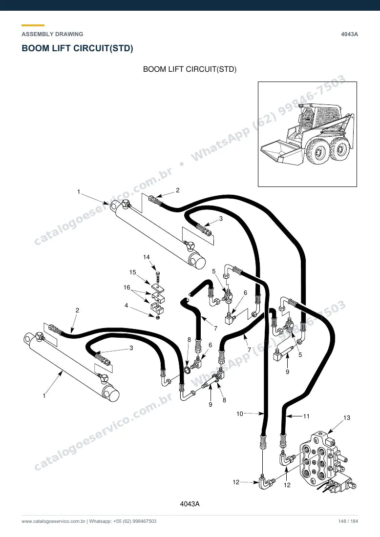Catálogo de peças Hyundai HSL1500T: desenho de montagem — lança, braço e caçamba