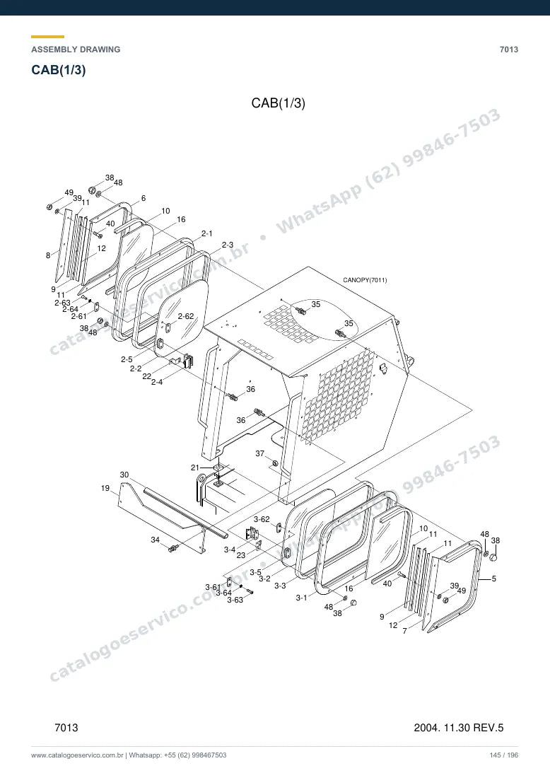 Catálogo de peças Hyundai HSL610: desenho de montagem — cabine, assento e comandos