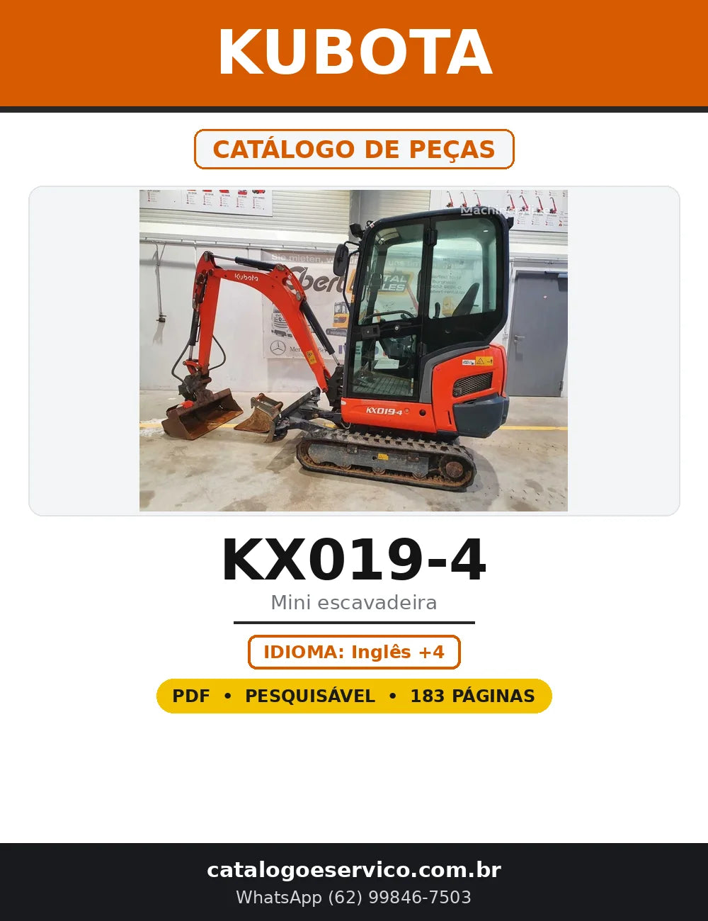Capa do Catálogo de Peças Kubota KX019-4 em PDF com 183 páginas