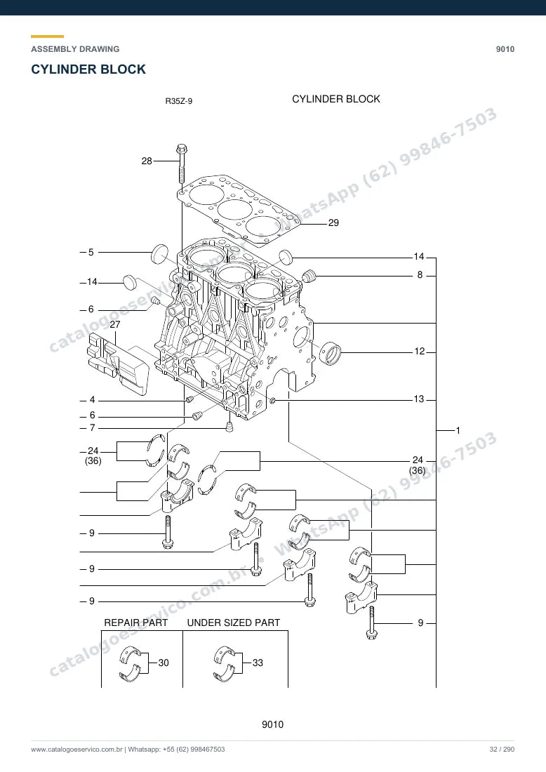 Catálogo de peças Hyundai R35Z-9: desenho de montagem — motor e componentes internos