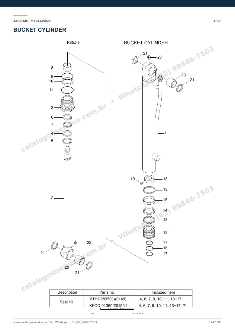 Catálogo de peças Hyundai R35Z-9: desenho de montagem — cilindros hidráulicos