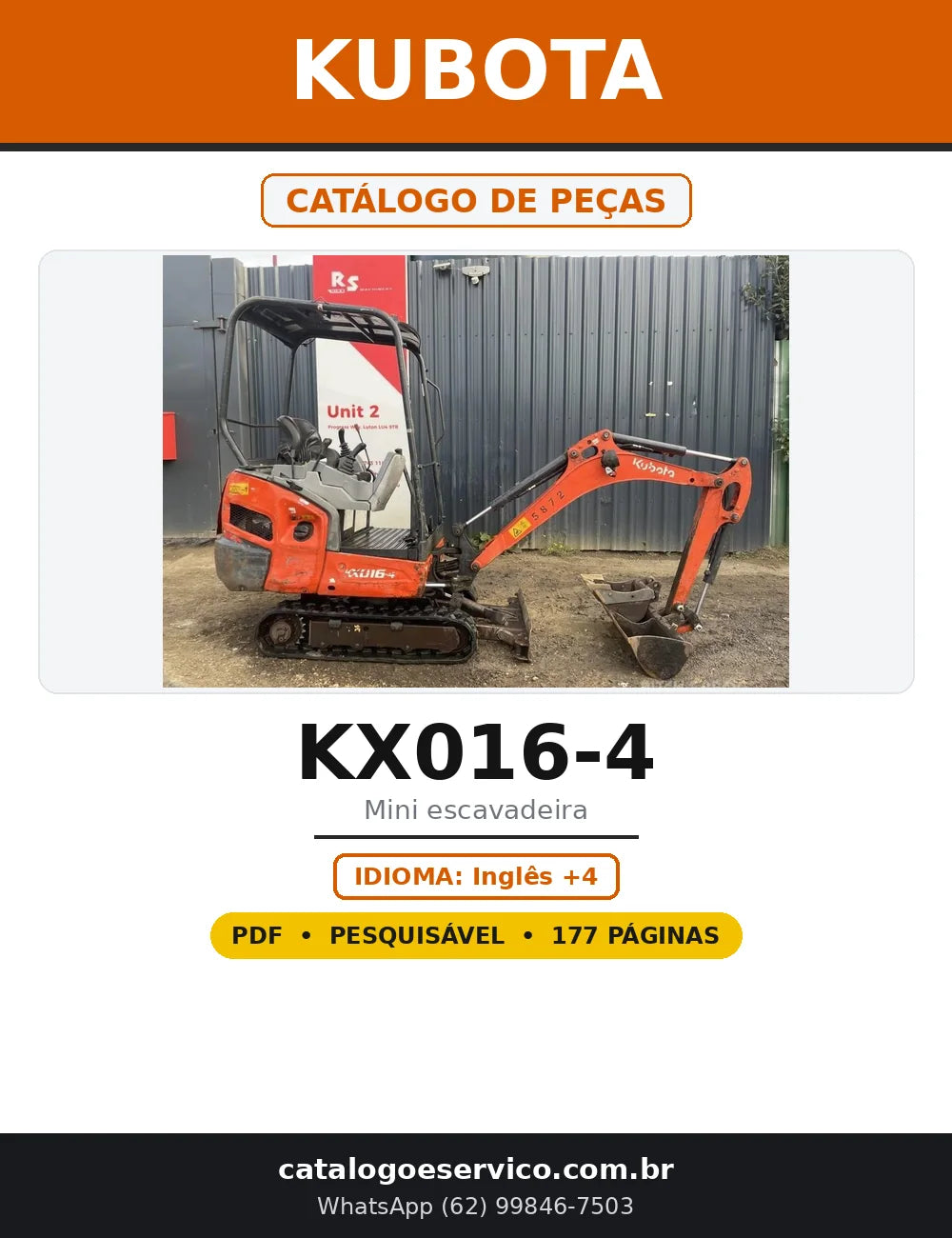 Capa do Catálogo de Peças Kubota KX016-4 em PDF com 177 páginas