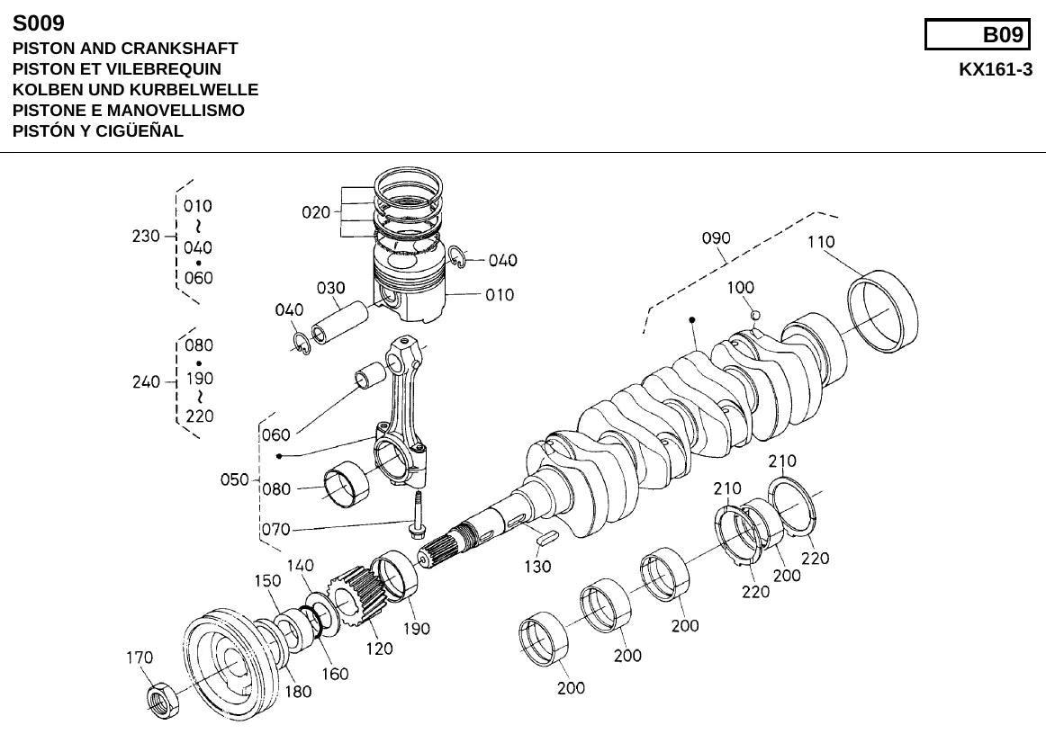 Página ilustrada do Catálogo de Peças Kubota KX161-3 com as posições numeradas