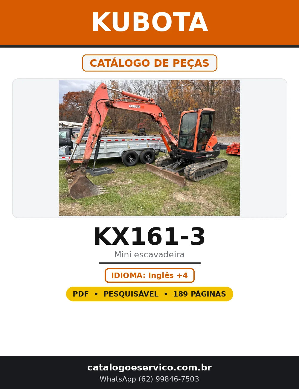 Capa do Catálogo de Peças Kubota KX161-3 em PDF com 189 páginas