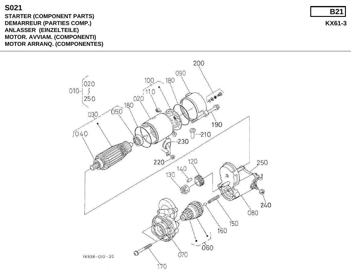 Detalhe de conjunto do Catálogo de Peças Kubota KX61-3 com as referências de fábrica