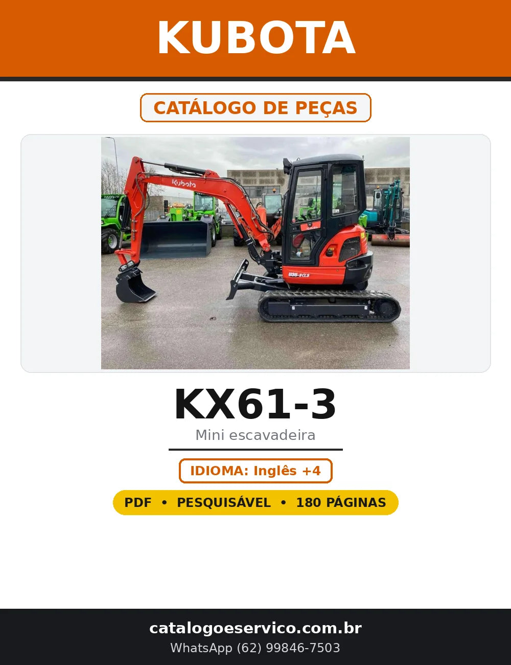 Capa do Catálogo de Peças Kubota KX61-3 em PDF com 180 páginas
