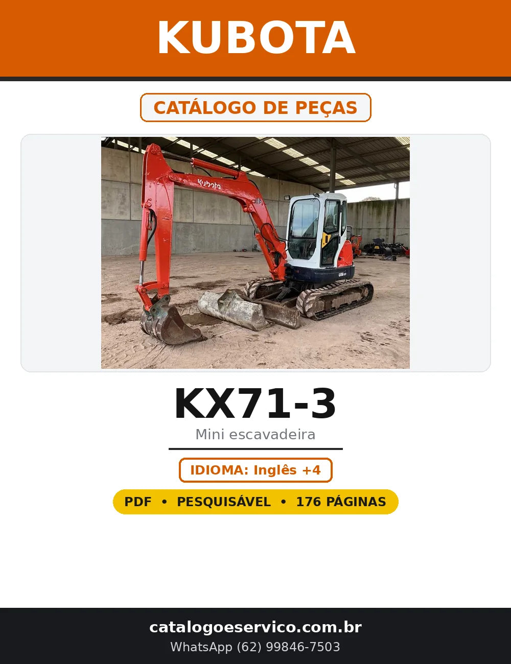 Capa do Catálogo de Peças Kubota KX71-3 em PDF com 176 páginas