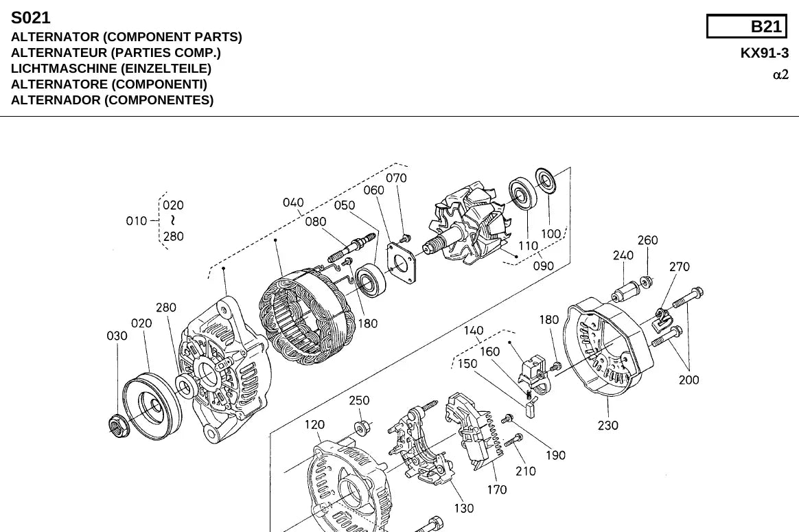 Detalhe de conjunto do Catálogo de Peças Kubota KX91-3α2 com as referências de fábrica