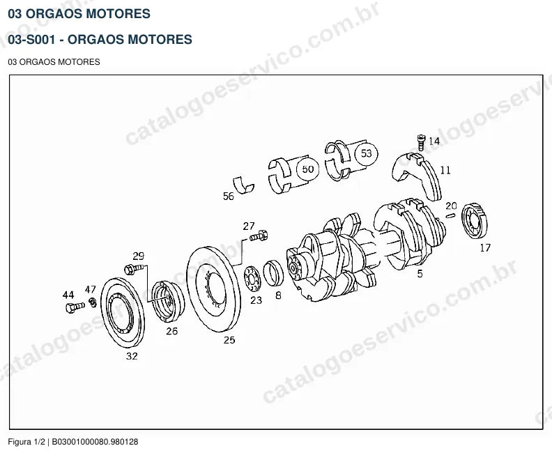 Vista explodida do catálogo de peças do motor Mercedes-Benz OM 404 — figura 1
