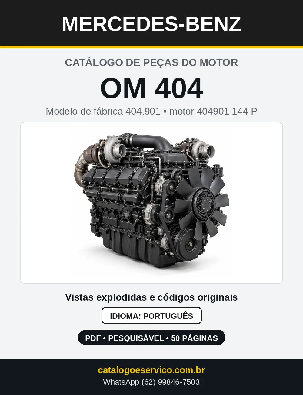 Capa do catálogo de peças do motor Mercedes-Benz OM 404 em PDF