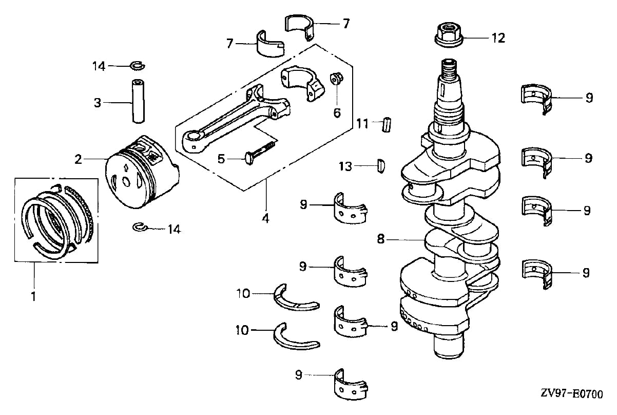 HONDA MARINE BF20A2 / BF25A2 / BF30A2 — virabrequim, pistão e bronzinas — Catálogo de Peças