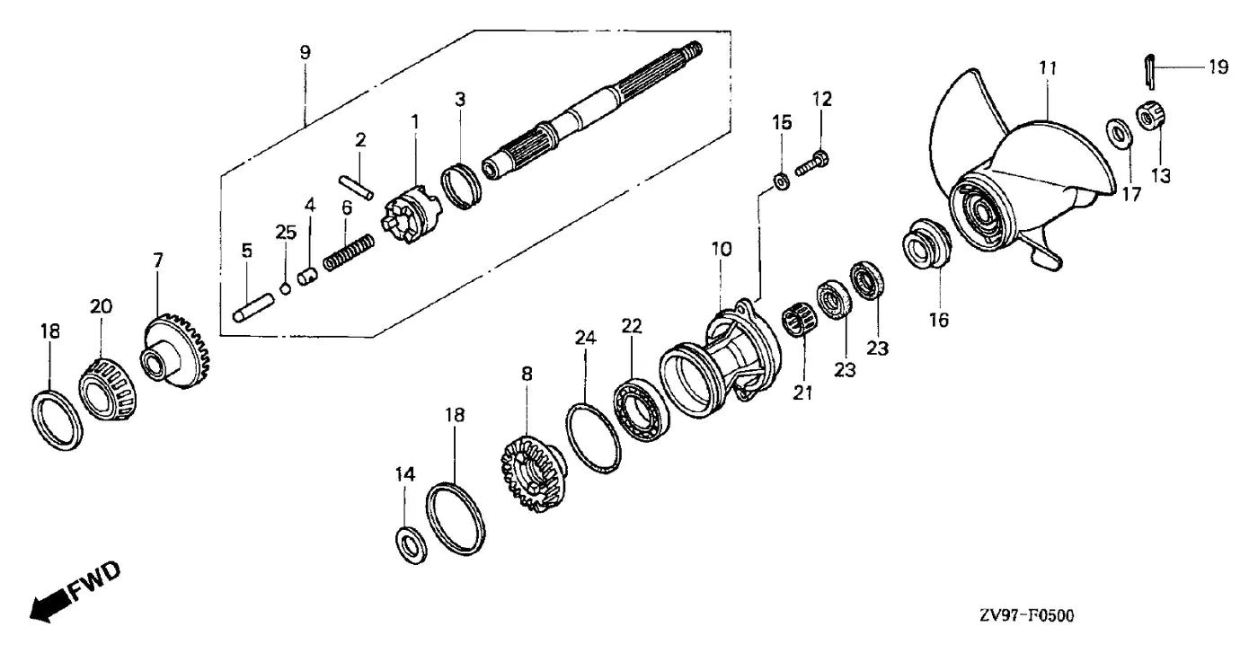 HONDA MARINE BF20A2 / BF25A2 / BF30A2 — hélice e eixo propulsor — Catálogo de Peças
