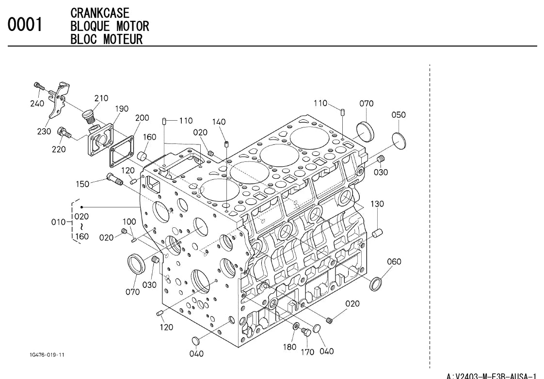 Página ilustrada do Catálogo de Peças Kubota V2403-M-E3B-AUSA-1 com as posições numeradas