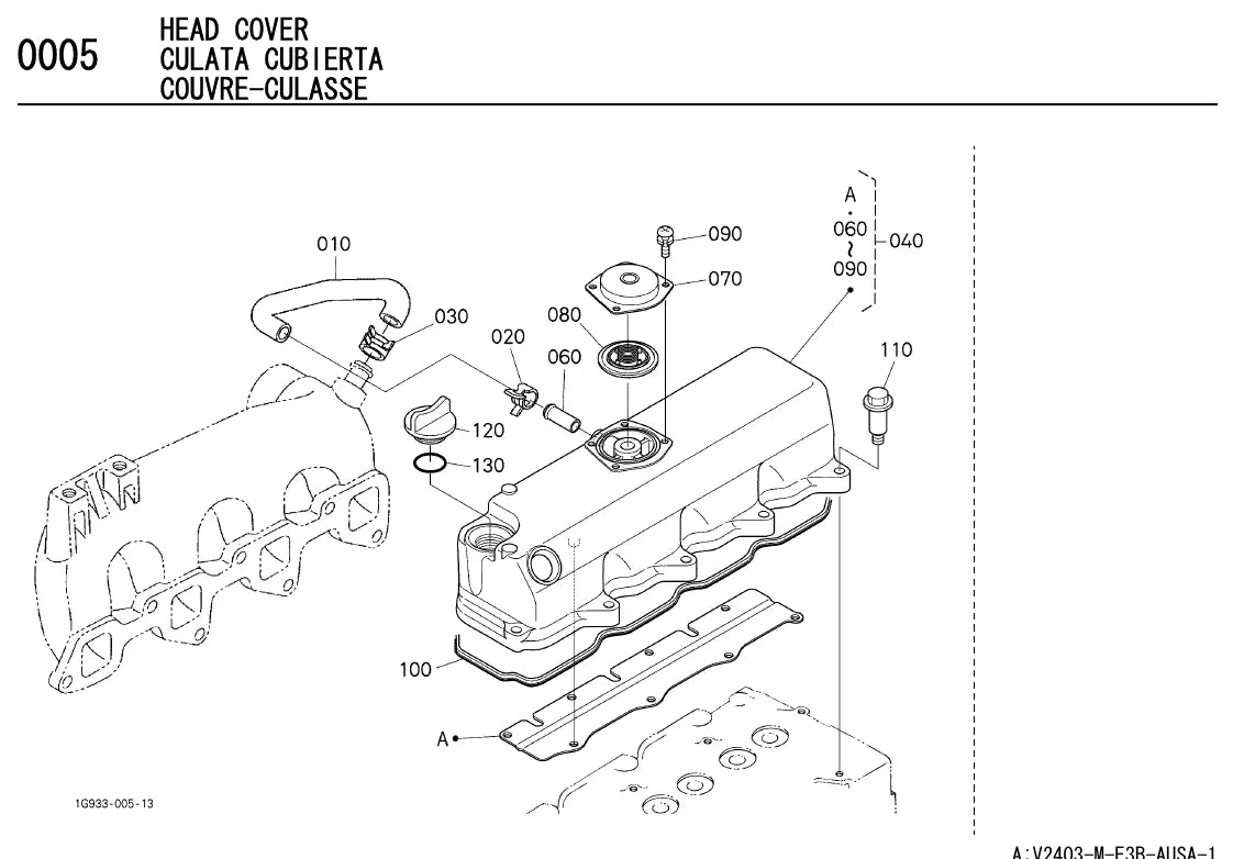 Detalhe de conjunto do Catálogo de Peças Kubota V2403-M-E3B-AUSA-1 com as referências de fábrica