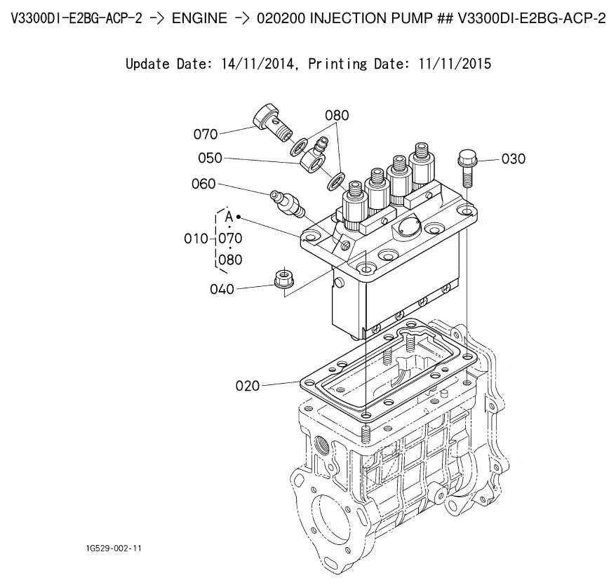 Página interna do Catálogo de Peças Kubota V3300DI-E2BG — Motor diesel