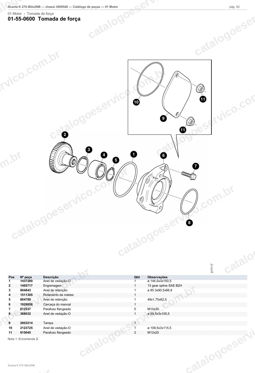 Vista explodida do grupo motor no Catálogo de Peças Ônibus Scania K 270