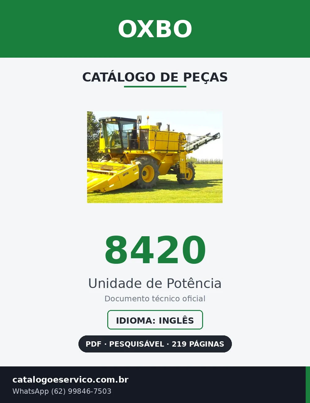 Capa Catálogo de Peças Oxbo 8420 Unidade de Potência