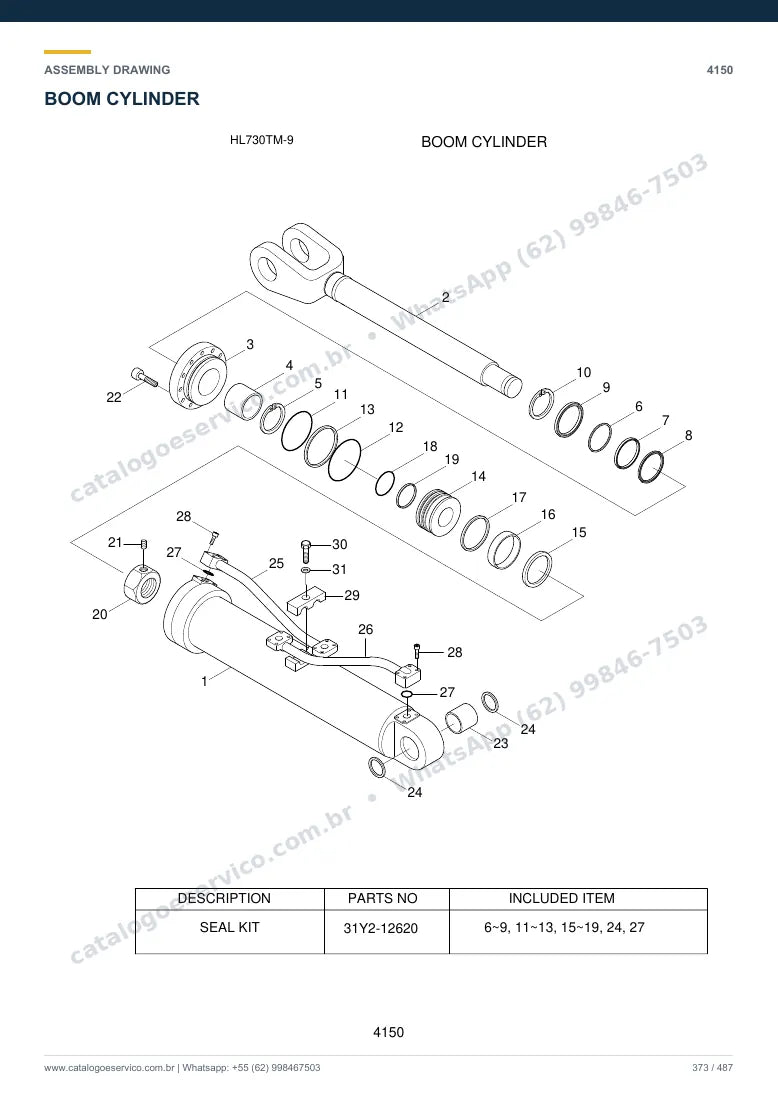 Catálogo de peças Hyundai HL730TM-9: desenho de montagem — cilindros hidráulicos
