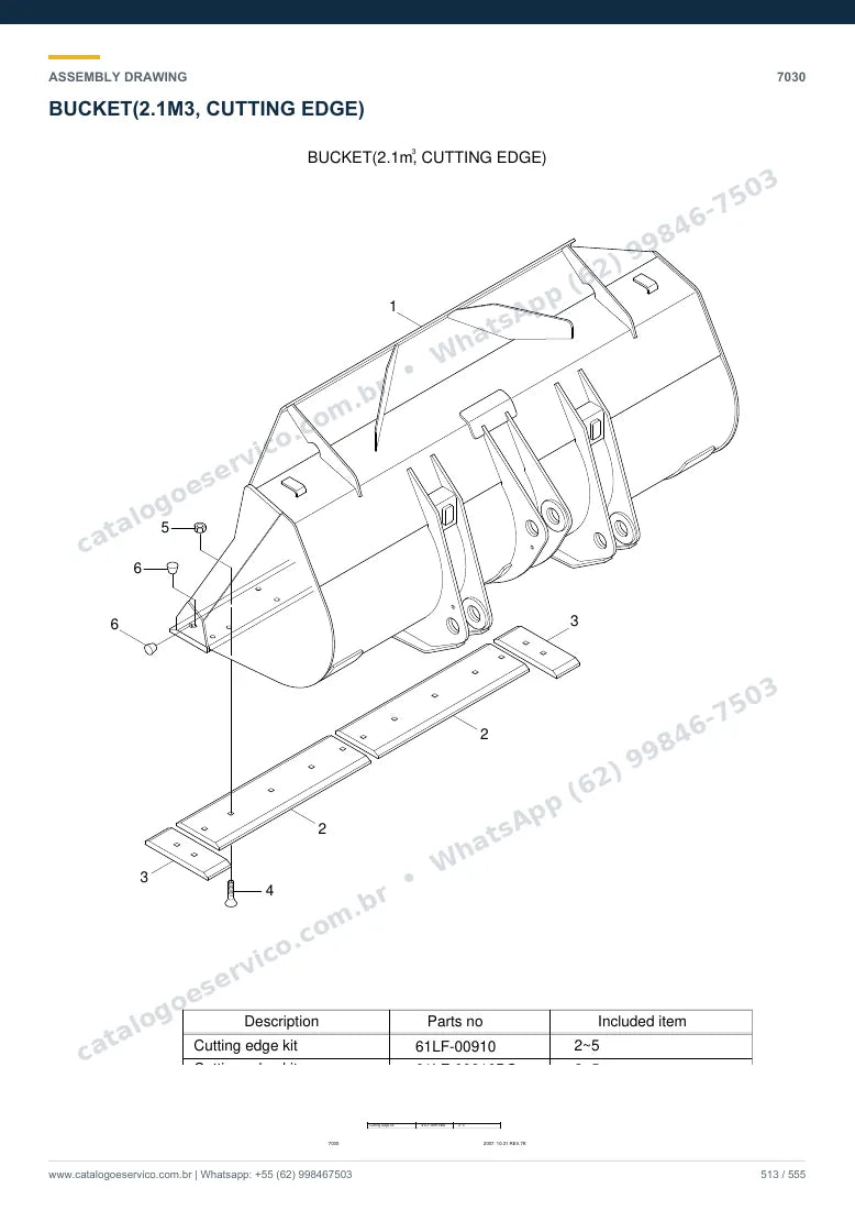 Catálogo de peças Hyundai HL740-7: desenho de montagem — lança, braço e caçamba