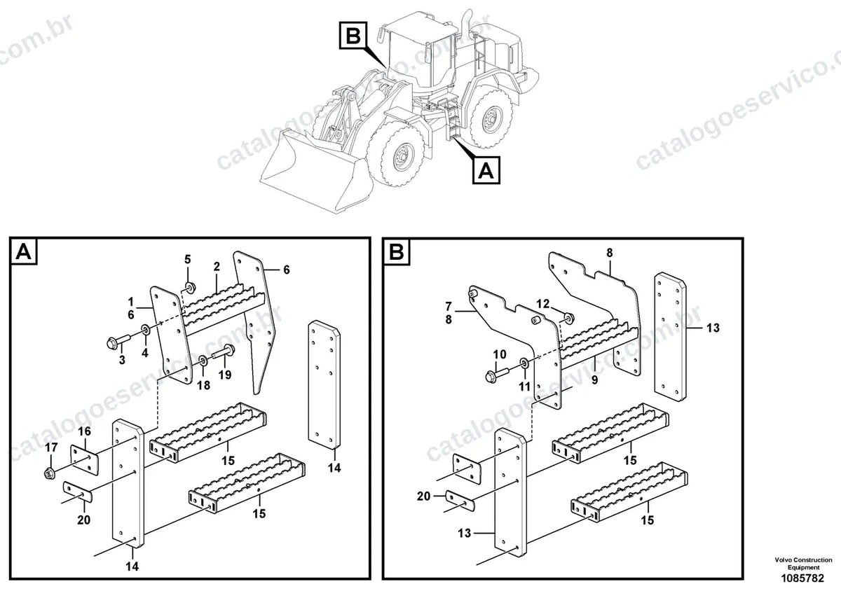 Vista explodida – cabine, carroceria e acessórios – Catálogo de Peças Volvo L110G
