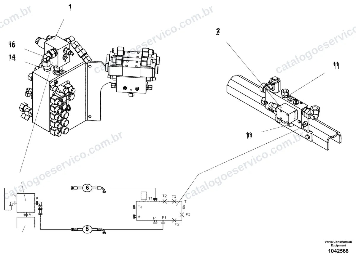 Vista explodida – sistema hidráulico e equipamento de trabalho – Catálogo de Peças Volvo ABG6820