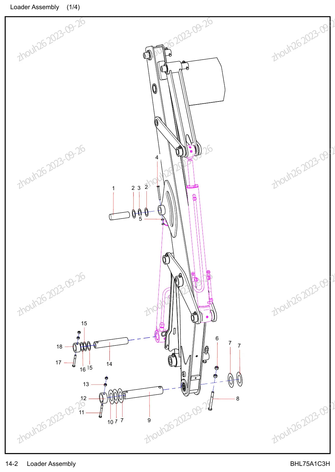 Detalhe de conjunto do Catálogo de Peças Sany BHL75A1C3H com as referências de fábrica
