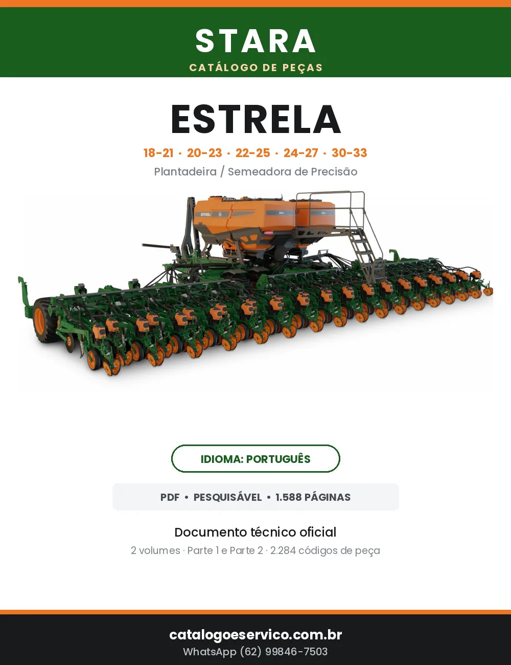 Capa do Catálogo de Peças da plantadeira Stara Estrela, modelos 18-21 a 30-33, PDF com 1.588 páginas em português