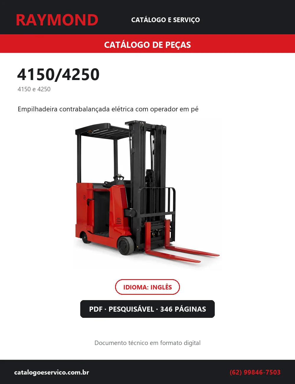Capa do Catálogo de Peças Raymond 4150/4250 — empilhadeira contrabalançada elétrica com operador em pé, 346 páginas em PDF