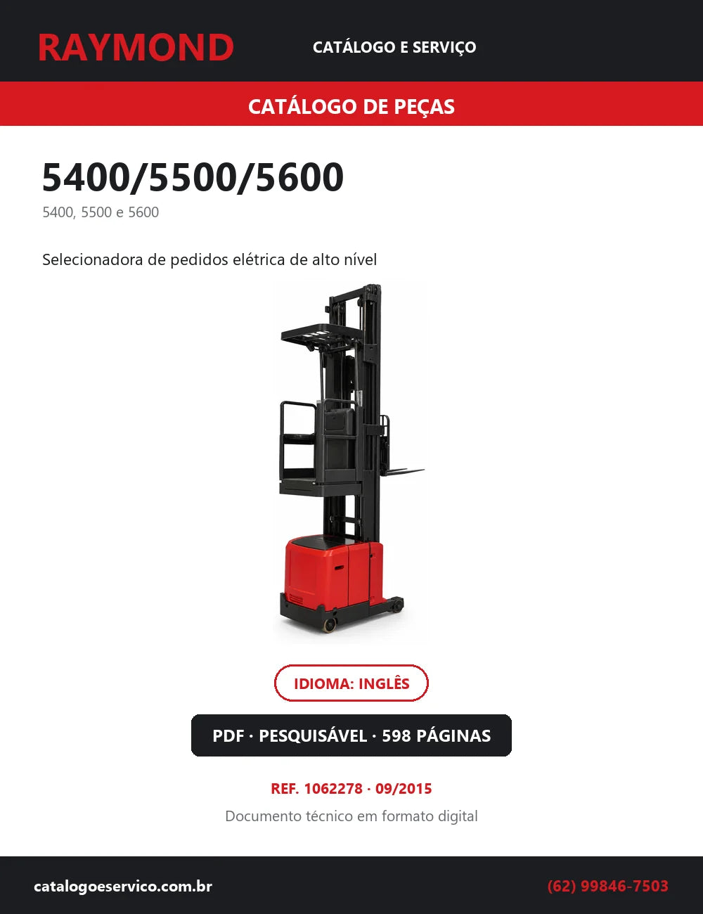 Capa do Catálogo de Peças Raymond 5400/5500/5600 — selecionadora de pedidos elétrica de alto nível, 598 páginas em PDF