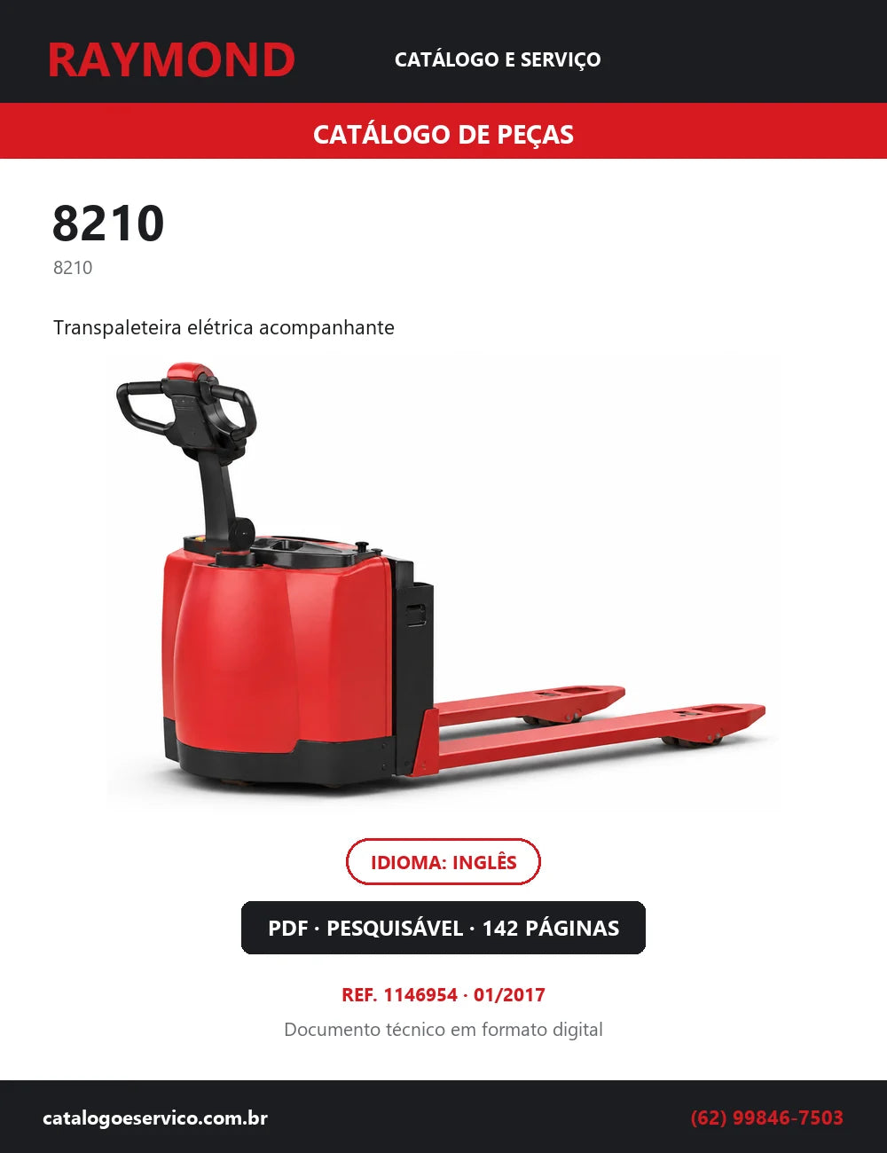 Capa do Catálogo de Peças Raymond 8210 — transpaleteira elétrica acompanhante, 142 páginas em PDF
