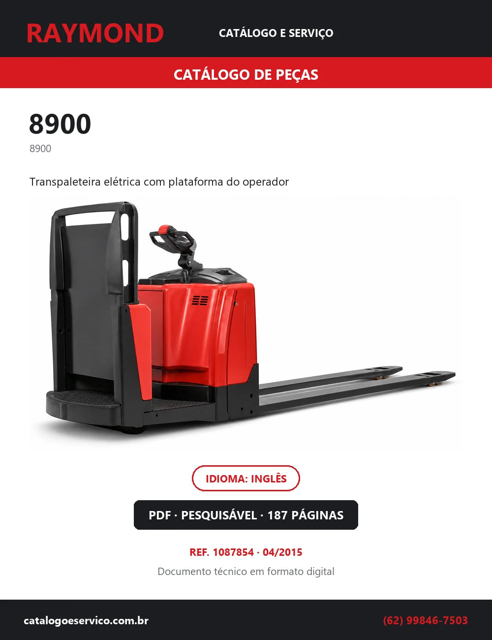 Capa do Catálogo de Peças Raymond 8900 — transpaleteira elétrica com plataforma do operador, 187 páginas em PDF