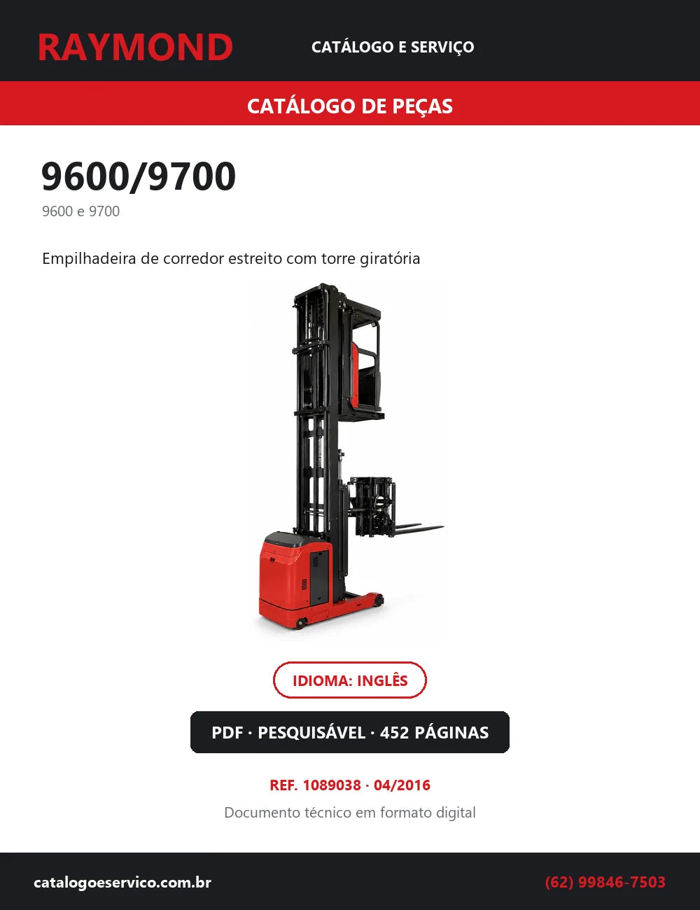 Capa do Catálogo de Peças Raymond 9600/9700 — empilhadeira de corredor estreito com torre giratória, 452 páginas em PDF