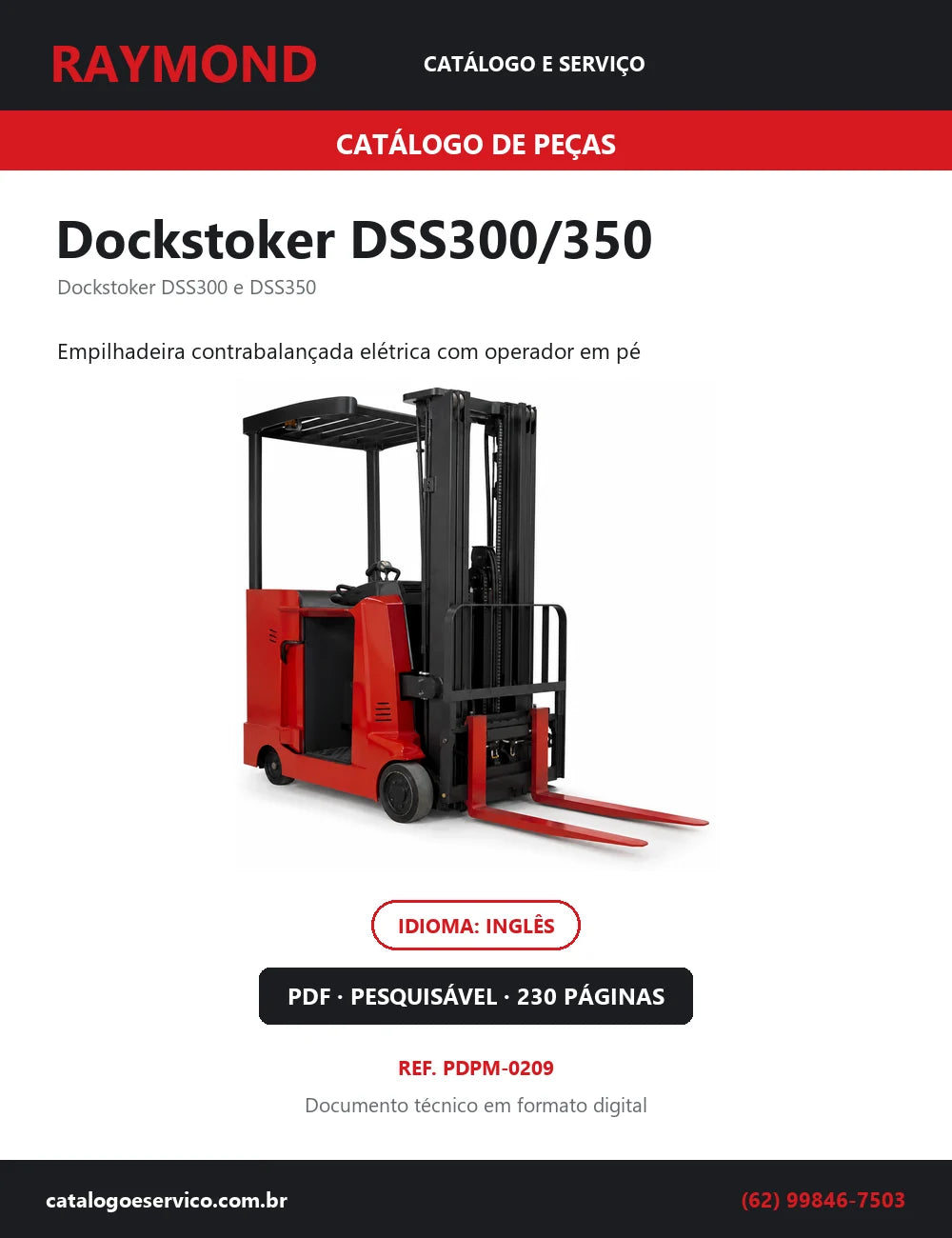 Capa do Catálogo de Peças Raymond Dockstoker DSS300/350 — empilhadeira contrabalançada elétrica com operador em pé, 230 páginas em PDF