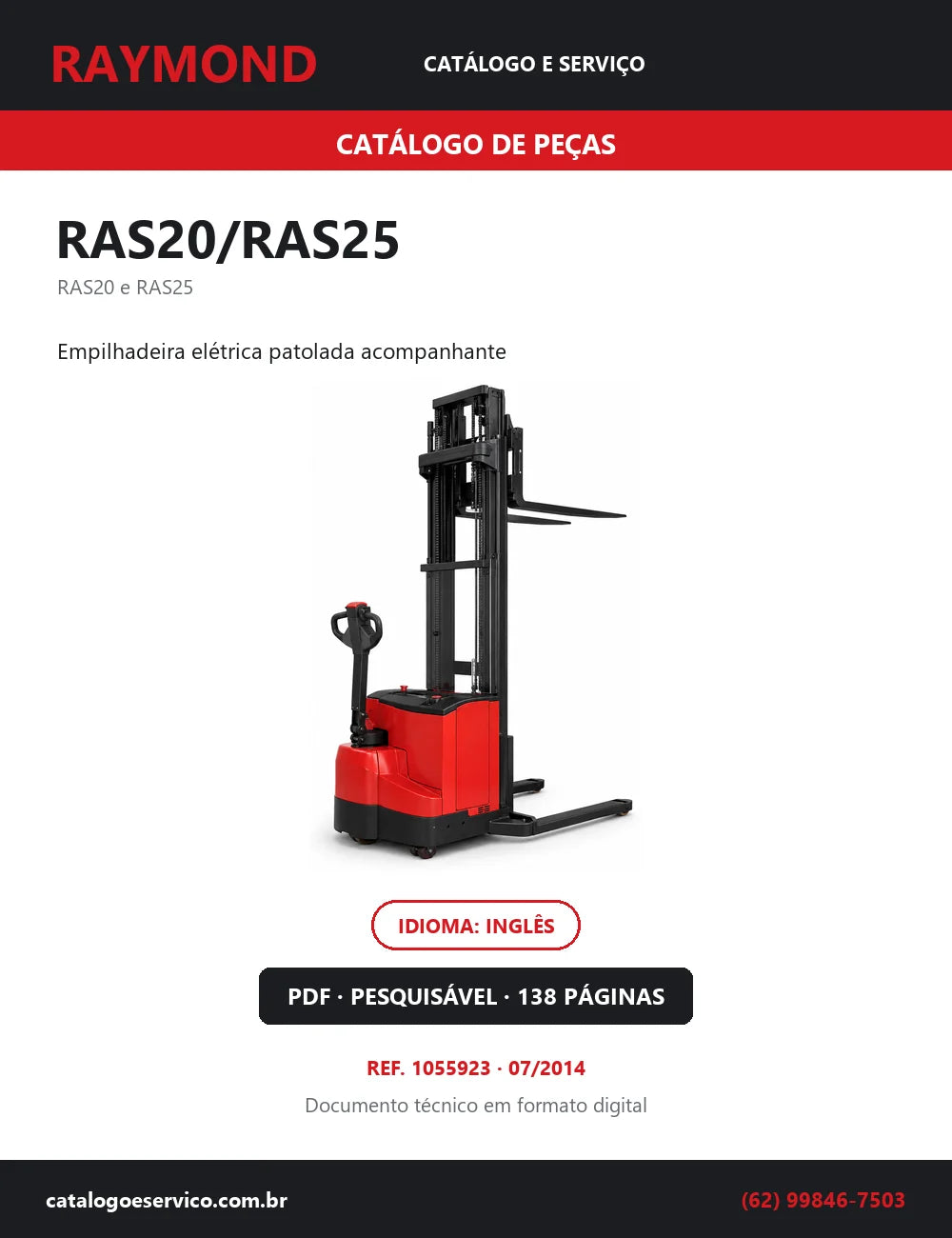 Capa do Catálogo de Peças Raymond RAS20/RAS25 — empilhadeira elétrica patolada acompanhante, 138 páginas em PDF
