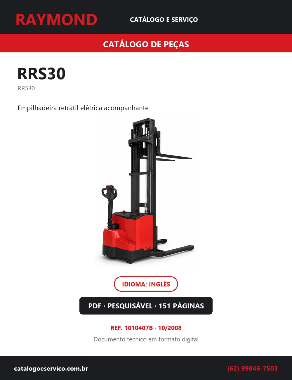 Capa do Catálogo de Peças Raymond RRS30 — empilhadeira retrátil elétrica acompanhante, 151 páginas em PDF