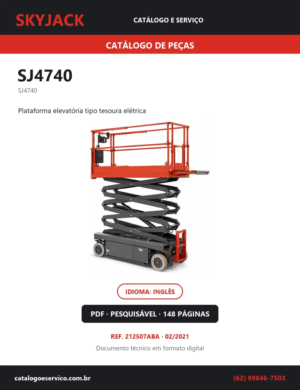 Capa do Catálogo de Peças Skyjack SJ4740 — plataforma elevatória tipo tesoura elétrica, 148 páginas em PDF
