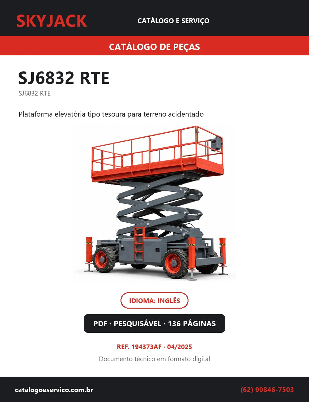 Capa do Catálogo de Peças Skyjack SJ6832 RTE — plataforma elevatória tipo tesoura para terreno acidentado, 136 páginas em PDF