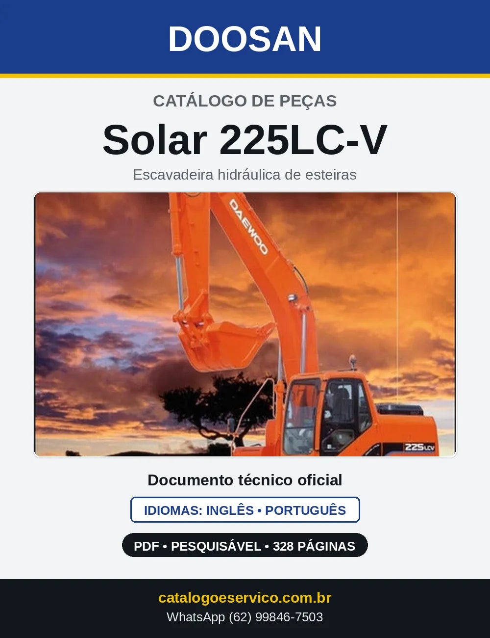 Capa do Catálogo de Peças Doosan Solar 225LC-V em PDF, inglês e português