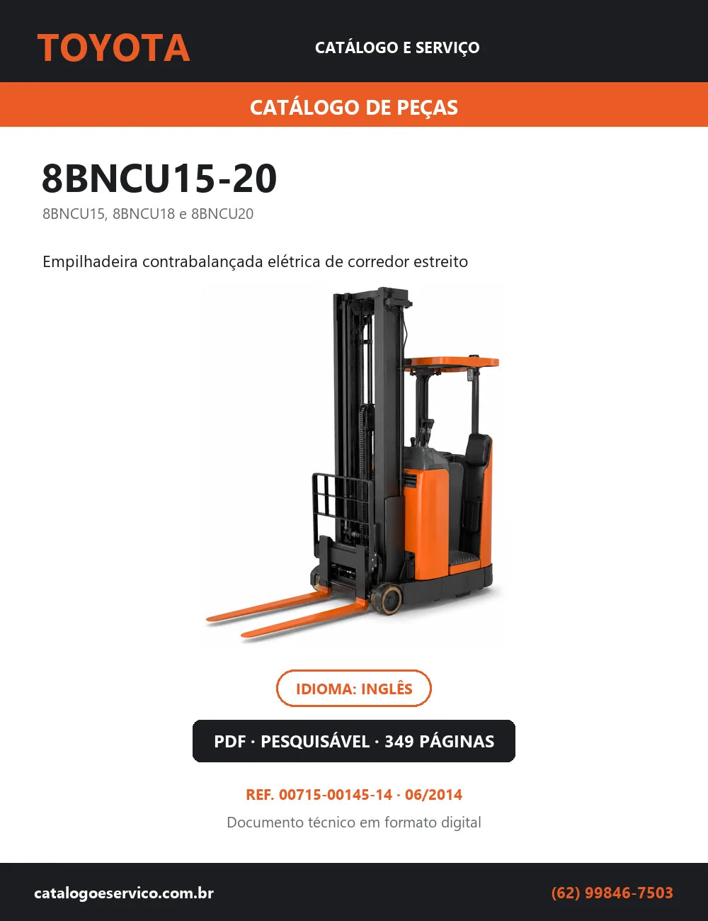 Capa do Catálogo de Peças Toyota 8BNCU15-20 — empilhadeira contrabalançada elétrica de corredor estreito, 349 páginas em PDF