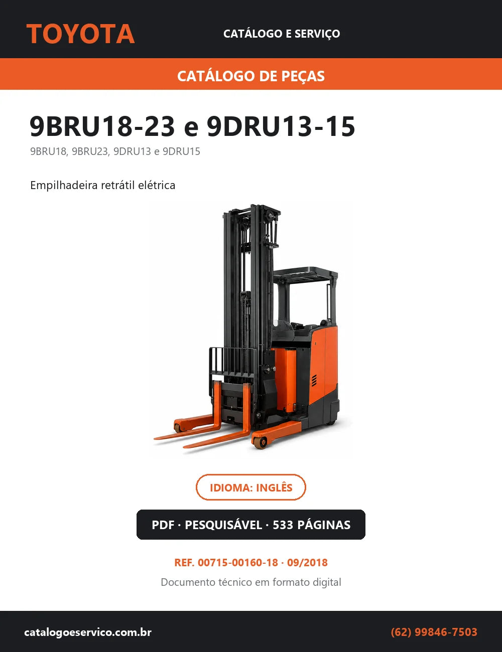 Capa do Catálogo de Peças Toyota 9BRU18-23 e 9DRU13-15 — empilhadeira retrátil elétrica, 533 páginas em PDF