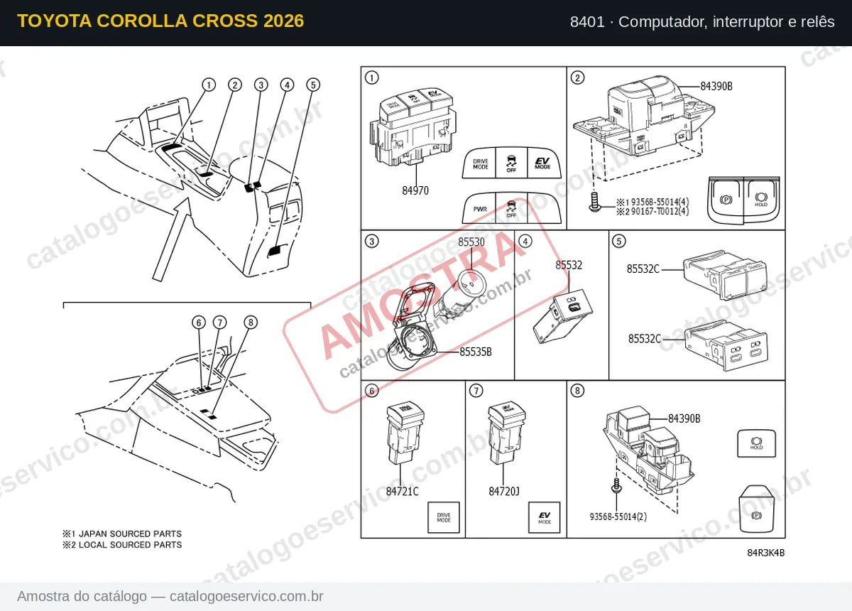 Vista explodida Computador, interruptor e relês — Toyota Corolla Cross 2026