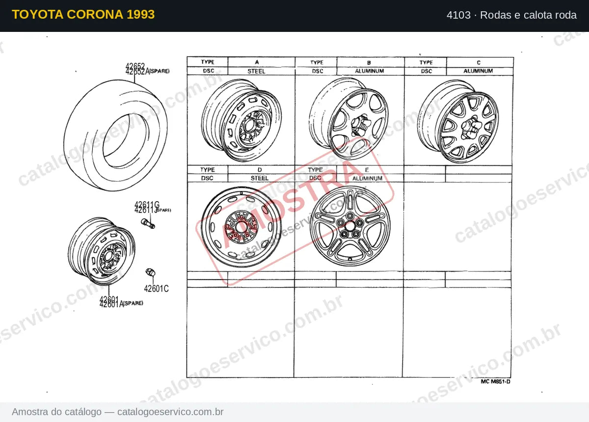 Vista explodida Rodas e calota roda — Toyota Corona 1993